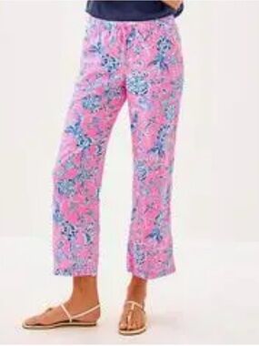 Lilly Pulitzer NWT Rousseau Pink Brawley Linen crop pant, Lagoon Linen